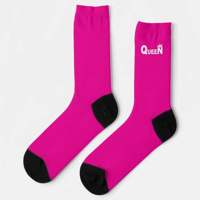 Pink socks with ‘Queen’ in white and a crown (Left)