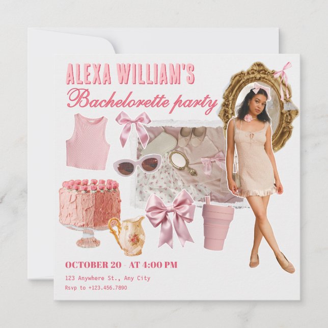 Pink soft fashion collage photo bachelorette invitation (Front)
