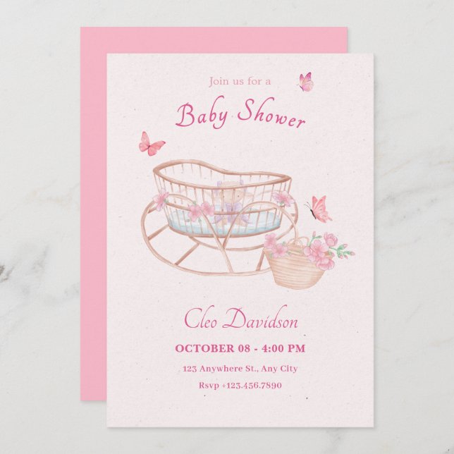 Pink soft floral baby bed baby shower invitation (Front/Back)