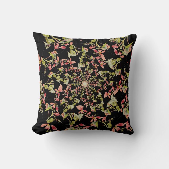 Pink Soft green black Begonia fractal art Cushion (Front)