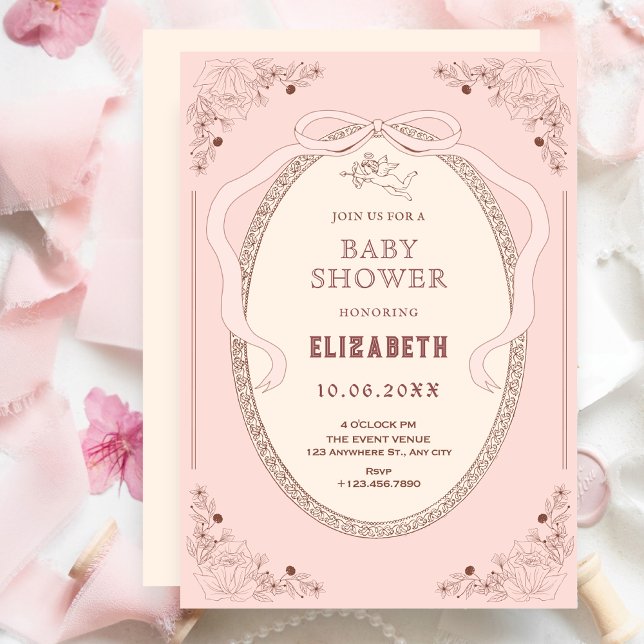 Pink soft vintage classic romantic baby shower invitation (Creator Uploaded)