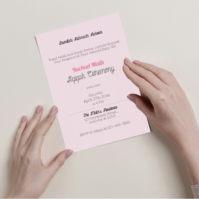 Pink Solid Colour, Baby Girl Aqiqah Baby Shower Invitation (Creator Uploaded)