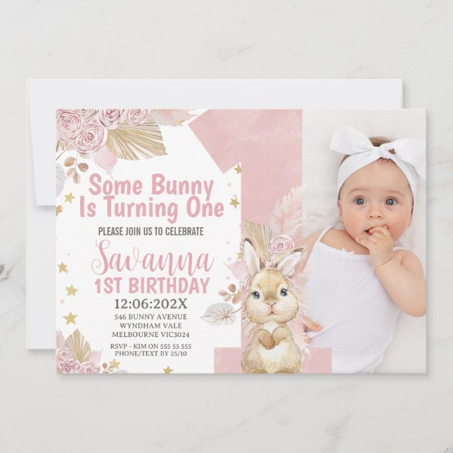 Pink Some Bunny Boho Floral 1st Birthday Invitation (Front)