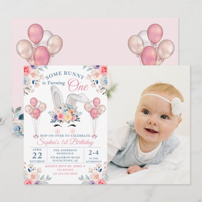 Pink Some Bunny Floral Balloon 1st Birthday Photo Invitation (Front/Back)