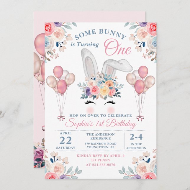 Pink Some Bunny Floral Balloon Girl First Birthday Invitation (Front/Back)