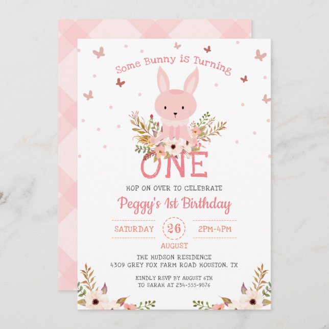 Pink Some Bunny Floral Girl 1st Birthday Invitation (Front/Back)