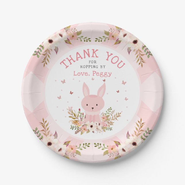 Pink Some Bunny Floral Girl Birthday Paper Plate (Front)