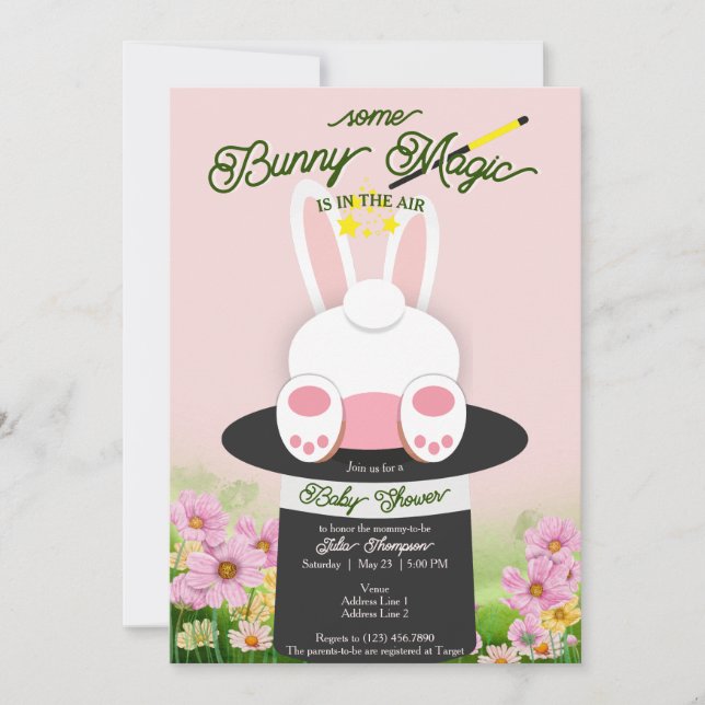 Pink Some Bunny Magic Hat Trick Garden Baby Shower Invitation (Front)