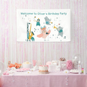 Pink Songbird with Animal Band Birthday Banner