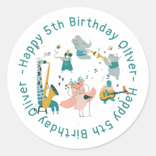 Pink Songbird with Animal Band Birthday Classic Round Sticker