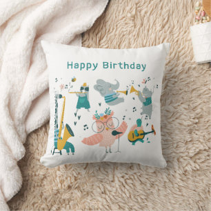 Pink Songbird with Animal Band Birthday Cushion