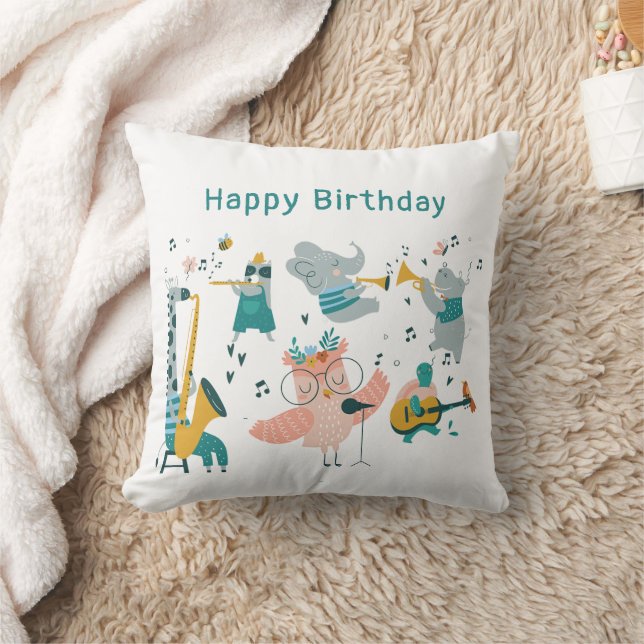 Pink Songbird with Animal Band Birthday Cushion (Blanket)