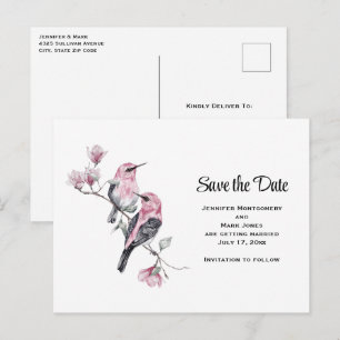 Pink Songbirds on a Tree Branch Save the Date Invitation Postcard