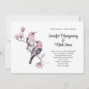 Pink Songbirds on a Tree Branch Wedding Invitation