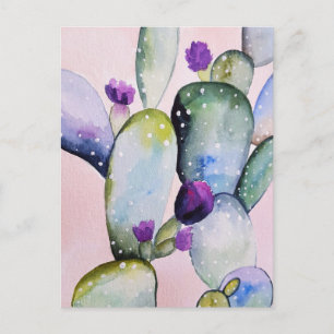 Pink Southwest Cactus Purple Flower Watercolor Art Postcard