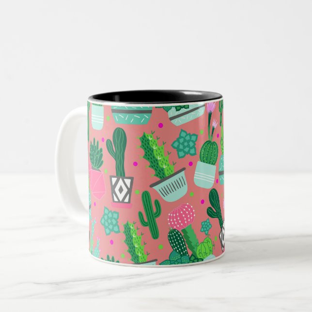 Pink Southwestern Cactus Pattern Two-Tone Coffee Mug (Front Left)