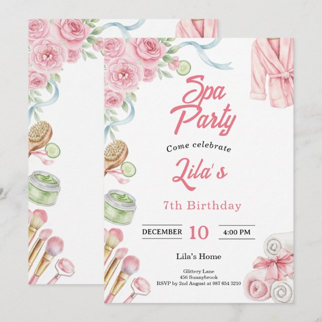 Pink Spa Party Invitation for Girl's 7th Birthday (Front/Back)