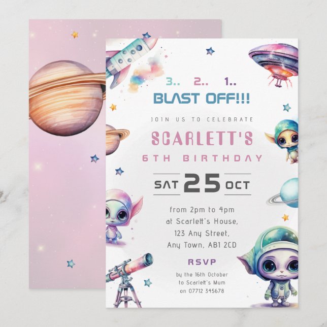 Pink Space Alien Theme Birthday Party Invitation (Front/Back)