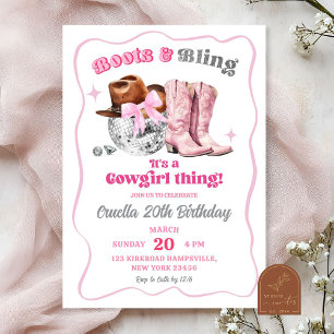 Pink Space Cowgirl Boots and Bling Birthday Invitation