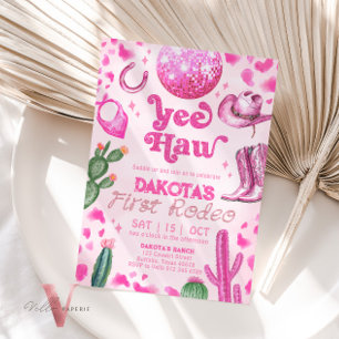 Pink Space Cowgirl First Rodeo Birthday Invitation