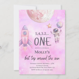 Pink Space First Trip Around the Sun Birthday Invitation