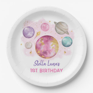Pink Space Galaxy Planets Moon Baby Girl Birthday Paper Plate