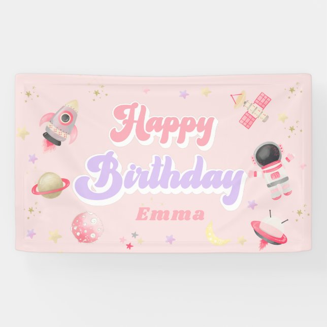 Pink Space Happy Birthday  Banner (Horizontal)