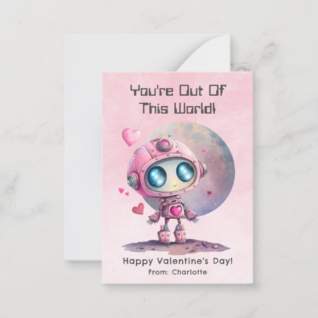 Pink Space Robot Budget Classroom Valentine's Day Card (Front)