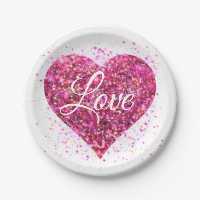 Pink sparking glitter heart love paper plate (Front)