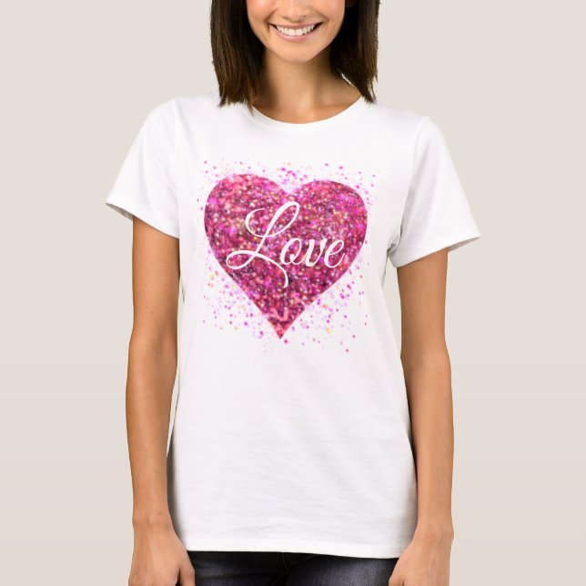 Pink sparking glitter heart love T-Shirt (Front)