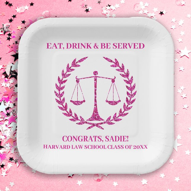 Pink Sparkle Aesthetic Law School Graduation Party Paper Plate (Creator Uploaded)