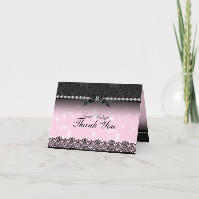 Pink Sparkle & Black Lace Sweet16 Thank You card (Front)