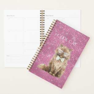 Pink Sparkle Brown Cool Cat Glasses Planner