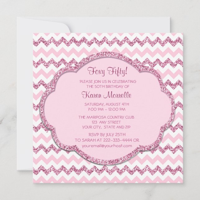 Pink Sparkle Chevron Womans 50th Birthday Party Invitation (Front)