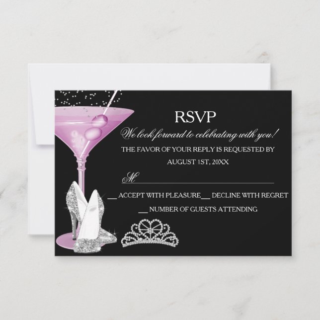 Pink Sparkle Cocktail Bachelorette Party RSVP Card (Front)