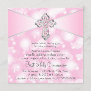 Pink Sparkle Cross First Holy Communion Invitation