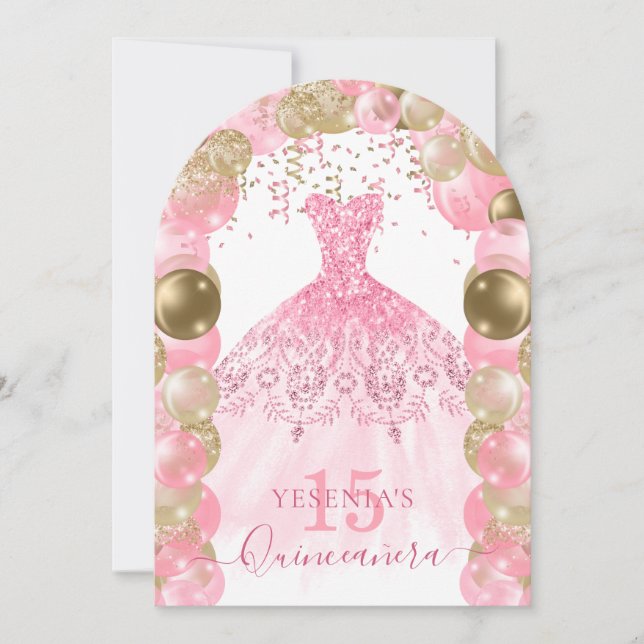 Pink Sparkle Dress Quinceañera Balloon Invitation (Front)