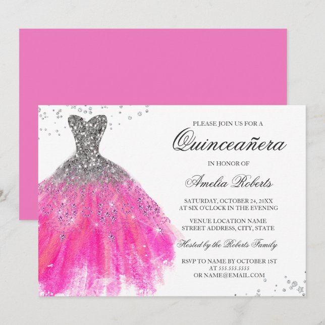 Pink Sparkle Dress Quinceanera Invitation (Front/Back)