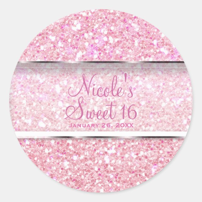 Pink Sparkle Glitter Glam Sweet 16 Party Favour Classic Round Sticker (Front)