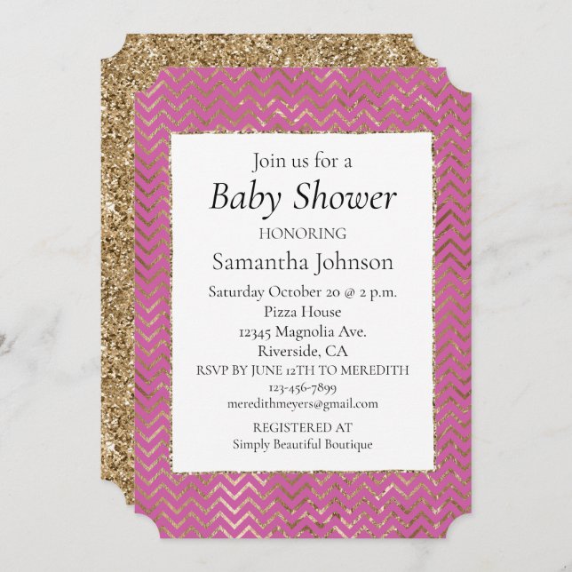 Pink Sparkle glitter Gold Zigzag Baby Shower Invitation (Front/Back)