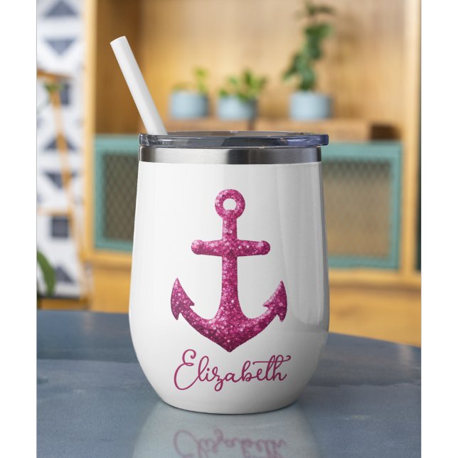 Pink Sparkle Glitter Nautical Sailing Anchor Name (Nautical wine tumbler for summer fun, brides, and bridesmaids)