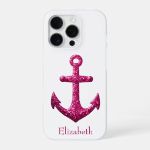 Pink Sparkle Glitter Nautical Sailing Anchor Name iPhone 16 Pro Case