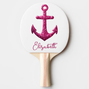Pink Sparkle Glitter Nautical Sailing Anchor Name Ping Pong Paddle
