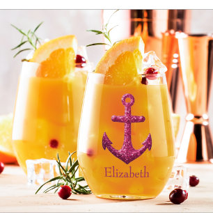 Pink Sparkle Glitter Nautical Sailing Anchor Name Stemless Wine Glass