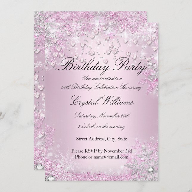 Pink Sparkle Hearts Birthday Invitation (Front/Back)