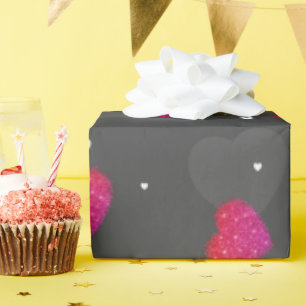 Pink Sparkle Hearts on Black Wrapping Paper