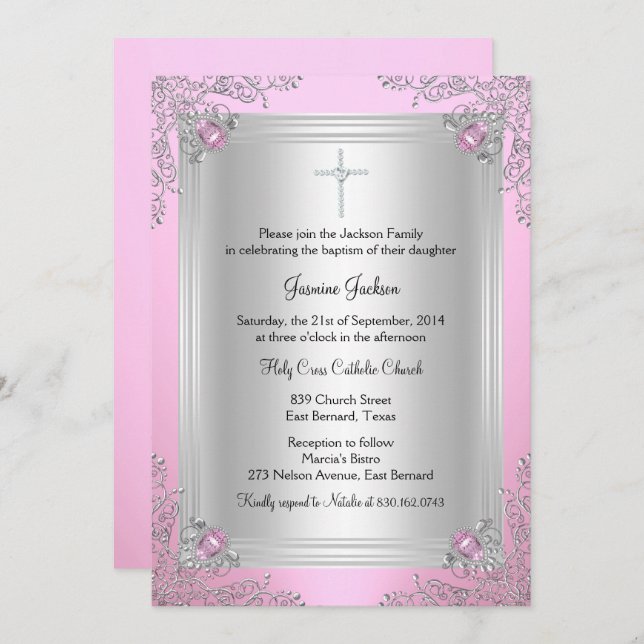 Pink Sparkle Jewel Baptism/Christening Invitation (Front/Back)