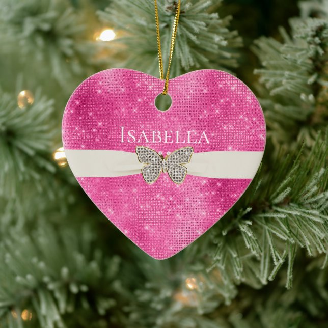 Pink Sparkle Jewelled Butterfly Name Ceramic Ornament (Tree)