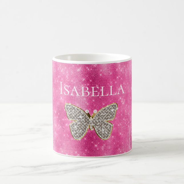 Pink Sparkle Jewelled Butterfly Name Coffee Mug (Center)