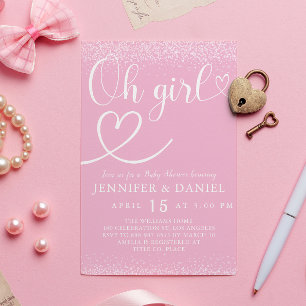 Pink Sparkle Oh Girl Script Heart Cute Invitation